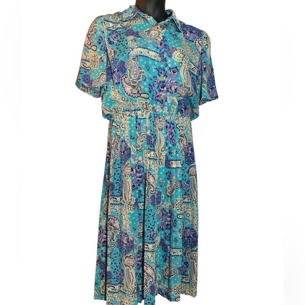 Lady Carol Vintage paisley midi floral Y2K cottage‎ core blue pleated dress 12